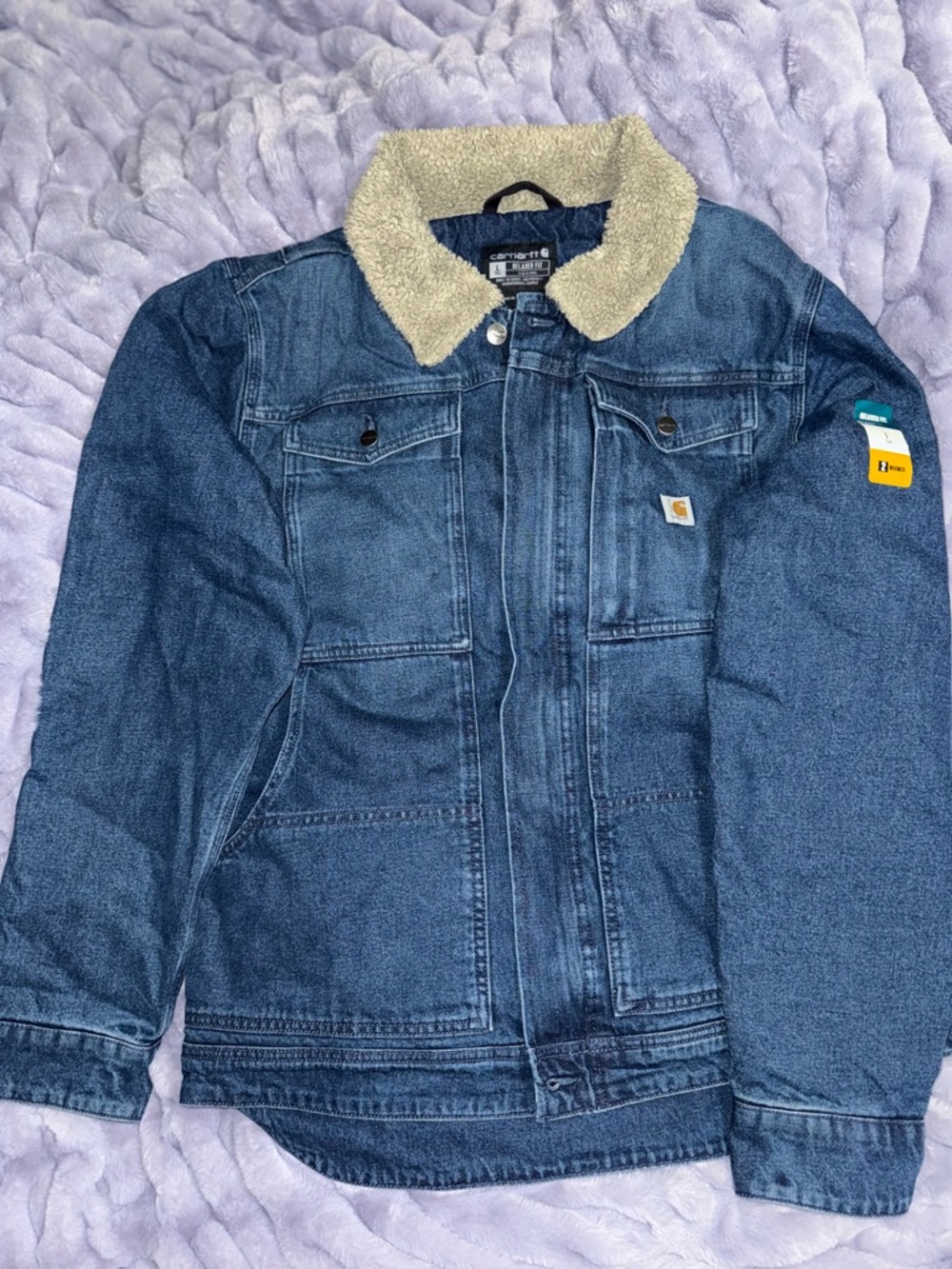 Carhartt Relaxed Fit Sherpa-Lined Jacket in Denim Blue and Cream size Large